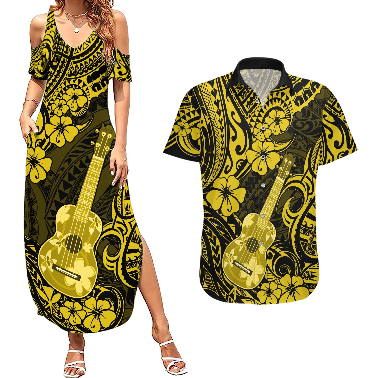 Hawaii Ukulele Couples Matching Summer Maxi Dress and Hawaiian Shirt Polynesian Pattern Yellow Version - Wonder Print Shop