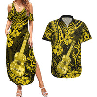 Hawaii Ukulele Couples Matching Summer Maxi Dress and Hawaiian Shirt Polynesian Pattern Yellow Version - Wonder Print Shop