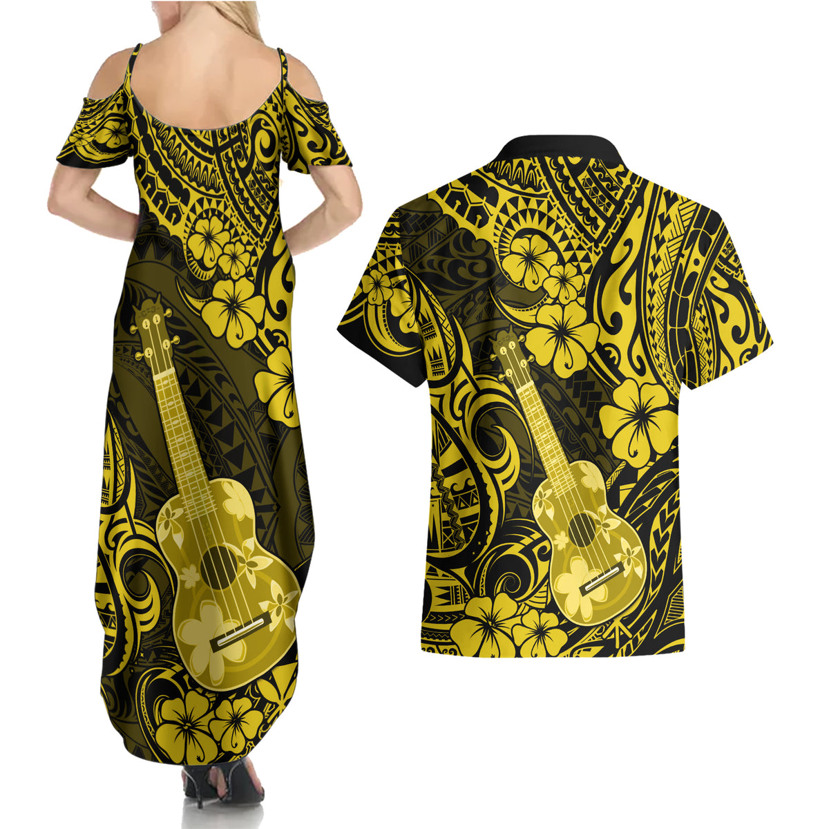 Hawaii Ukulele Couples Matching Summer Maxi Dress and Hawaiian Shirt Polynesian Pattern Yellow Version - Wonder Print Shop