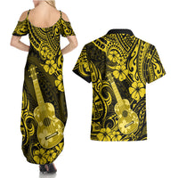 Hawaii Ukulele Couples Matching Summer Maxi Dress and Hawaiian Shirt Polynesian Pattern Yellow Version - Wonder Print Shop