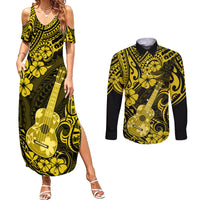 Hawaii Ukulele Couples Matching Summer Maxi Dress and Long Sleeve Button Shirts Polynesian Pattern Yellow Version - Wonder Print Shop