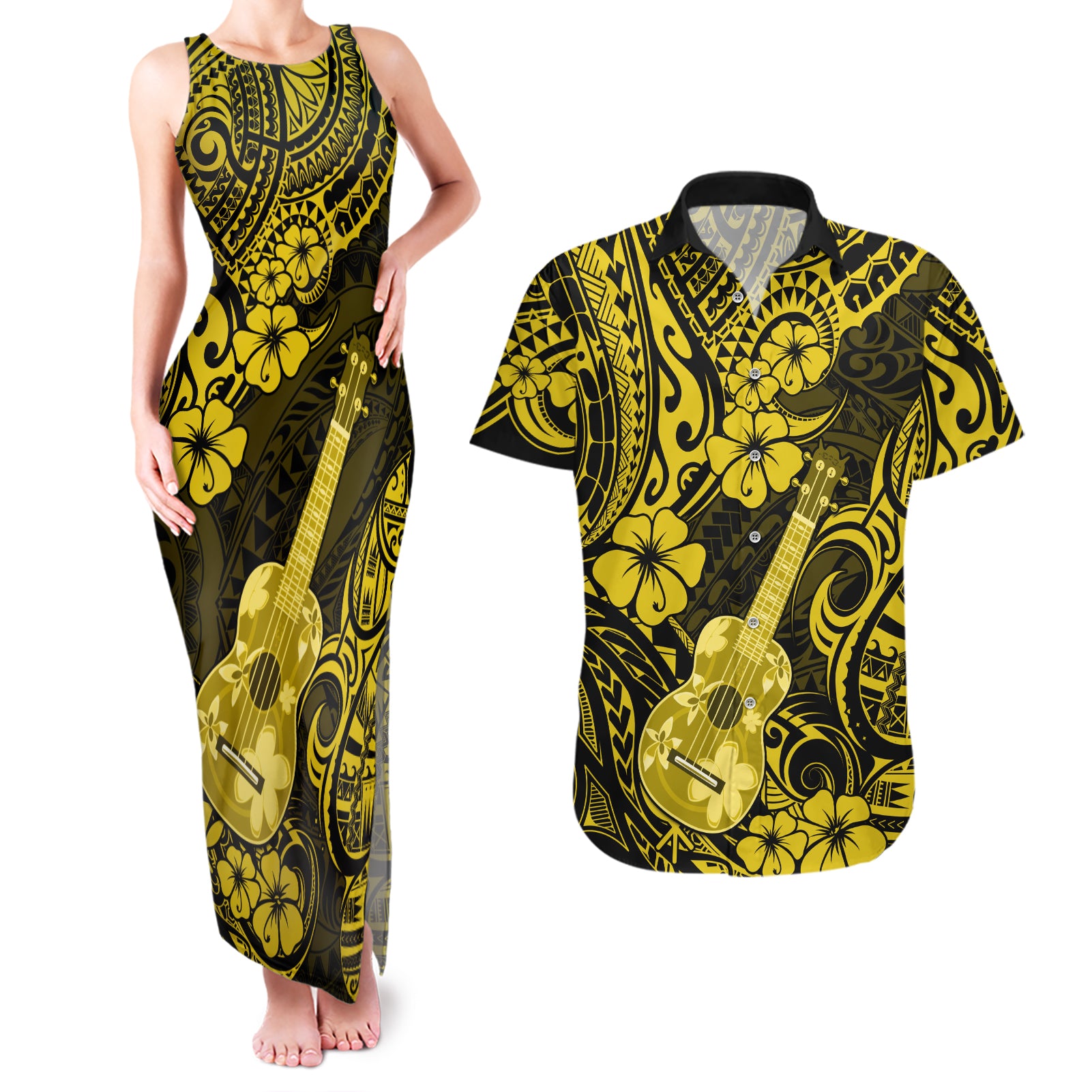 Hawaii Ukulele Couples Matching Tank Maxi Dress and Hawaiian Shirt Polynesian Pattern Yellow Version - Wonder Print Shop