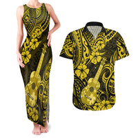 Hawaii Ukulele Couples Matching Tank Maxi Dress and Hawaiian Shirt Polynesian Pattern Yellow Version - Wonder Print Shop