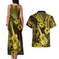 Hawaii Ukulele Couples Matching Tank Maxi Dress and Hawaiian Shirt Polynesian Pattern Yellow Version - Wonder Print Shop