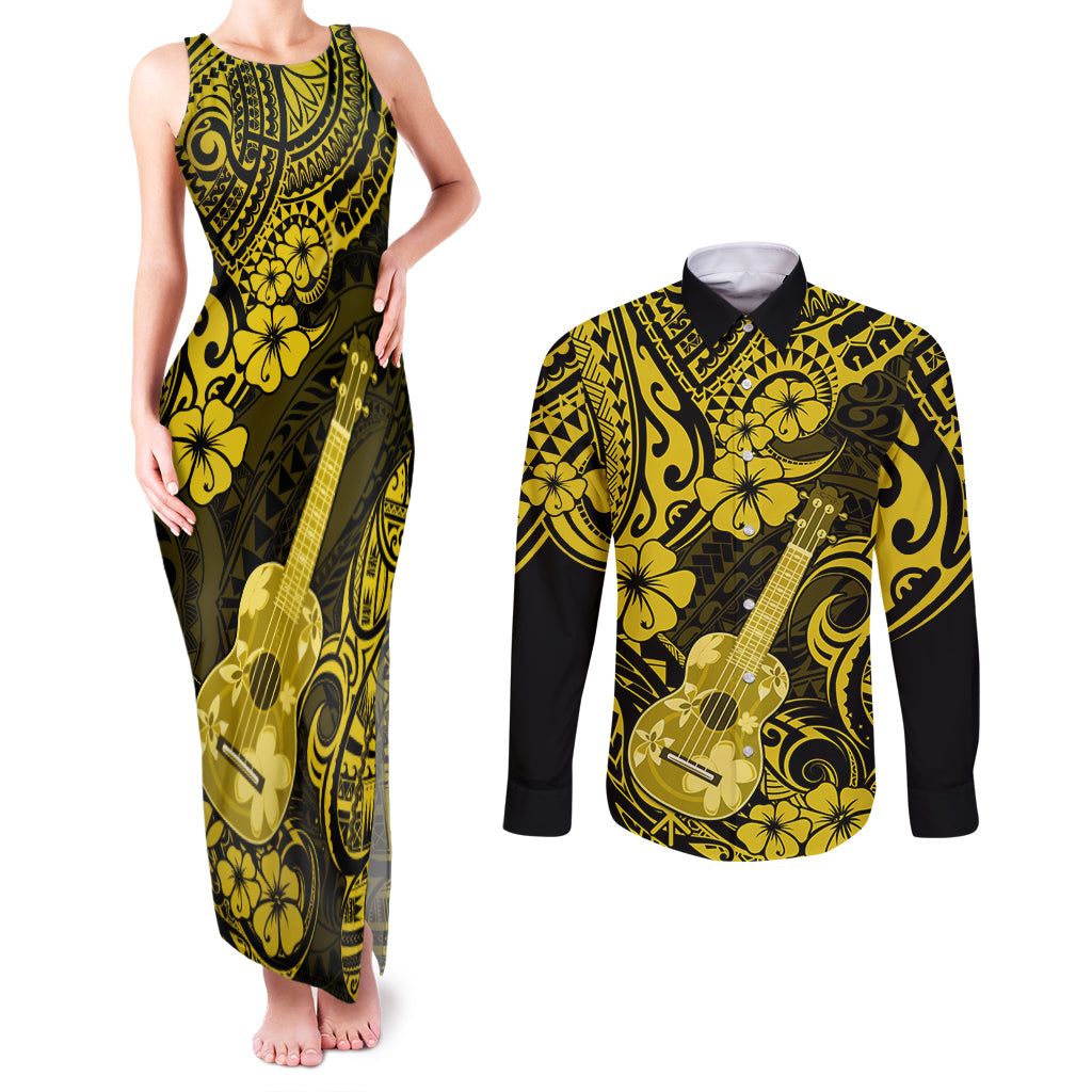 Hawaii Ukulele Couples Matching Tank Maxi Dress and Long Sleeve Button Shirts Polynesian Pattern Yellow Version - Wonder Print Shop