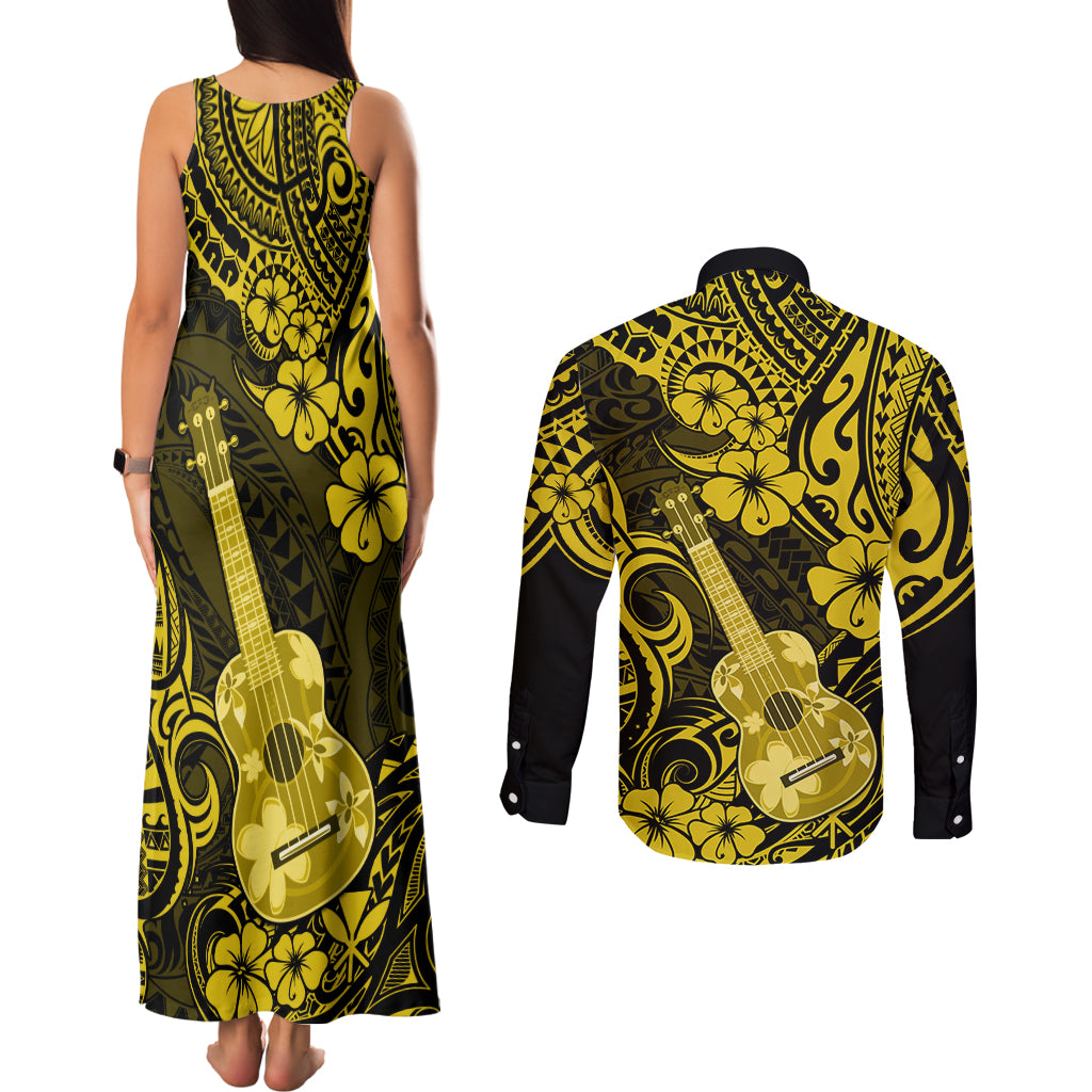 Hawaii Ukulele Couples Matching Tank Maxi Dress and Long Sleeve Button Shirts Polynesian Pattern Yellow Version - Wonder Print Shop