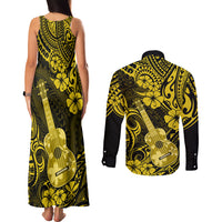 Hawaii Ukulele Couples Matching Tank Maxi Dress and Long Sleeve Button Shirts Polynesian Pattern Yellow Version - Wonder Print Shop