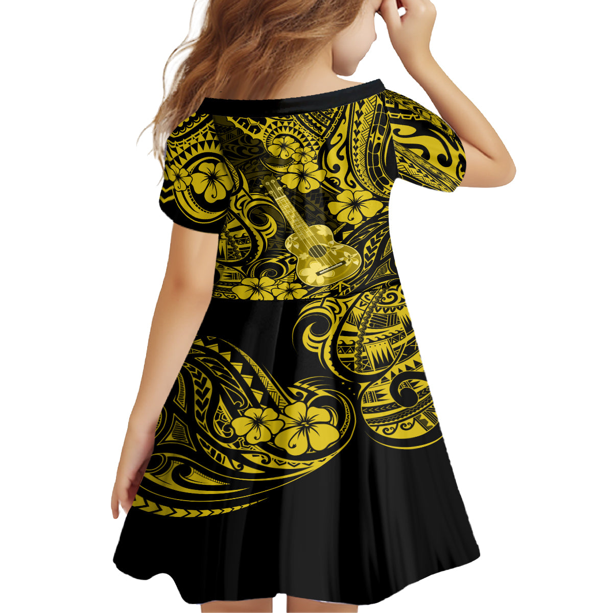 Hawaii Ukulele Family Matching Long Sleeve Bodycon Dress and Hawaiian Shirt Polynesian Pattern Yellow Version - Wonder Print Shop