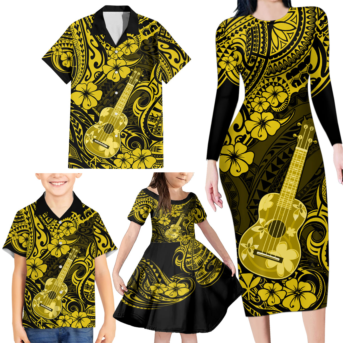 Hawaii Ukulele Family Matching Long Sleeve Bodycon Dress and Hawaiian Shirt Polynesian Pattern Yellow Version - Wonder Print Shop