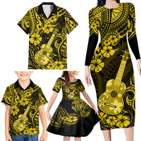 Hawaii Ukulele Family Matching Long Sleeve Bodycon Dress and Hawaiian Shirt Polynesian Pattern Yellow Version - Wonder Print Shop