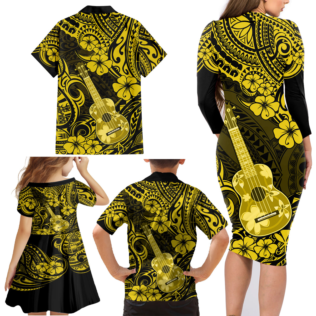 Hawaii Ukulele Family Matching Long Sleeve Bodycon Dress and Hawaiian Shirt Polynesian Pattern Yellow Version - Wonder Print Shop