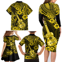 Hawaii Ukulele Family Matching Long Sleeve Bodycon Dress and Hawaiian Shirt Polynesian Pattern Yellow Version - Wonder Print Shop