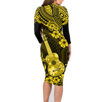 Hawaii Ukulele Family Matching Long Sleeve Bodycon Dress and Hawaiian Shirt Polynesian Pattern Yellow Version - Wonder Print Shop