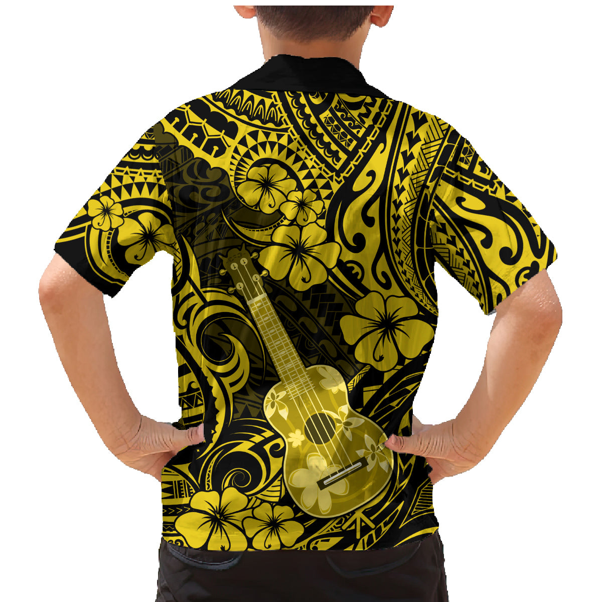 Hawaii Ukulele Family Matching Mermaid Dress and Hawaiian Shirt Polynesian Pattern Yellow Version - Wonder Print Shop