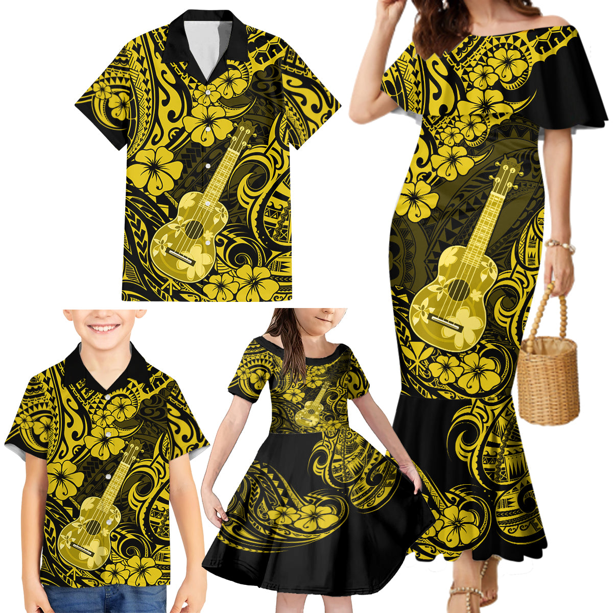Hawaii Ukulele Family Matching Mermaid Dress and Hawaiian Shirt Polynesian Pattern Yellow Version - Wonder Print Shop