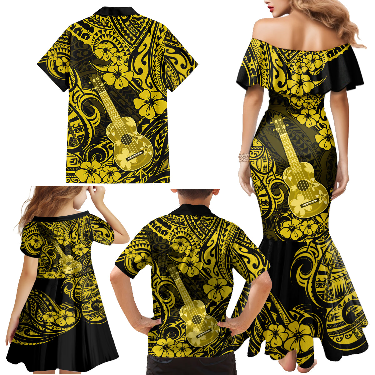 Hawaii Ukulele Family Matching Mermaid Dress and Hawaiian Shirt Polynesian Pattern Yellow Version - Wonder Print Shop