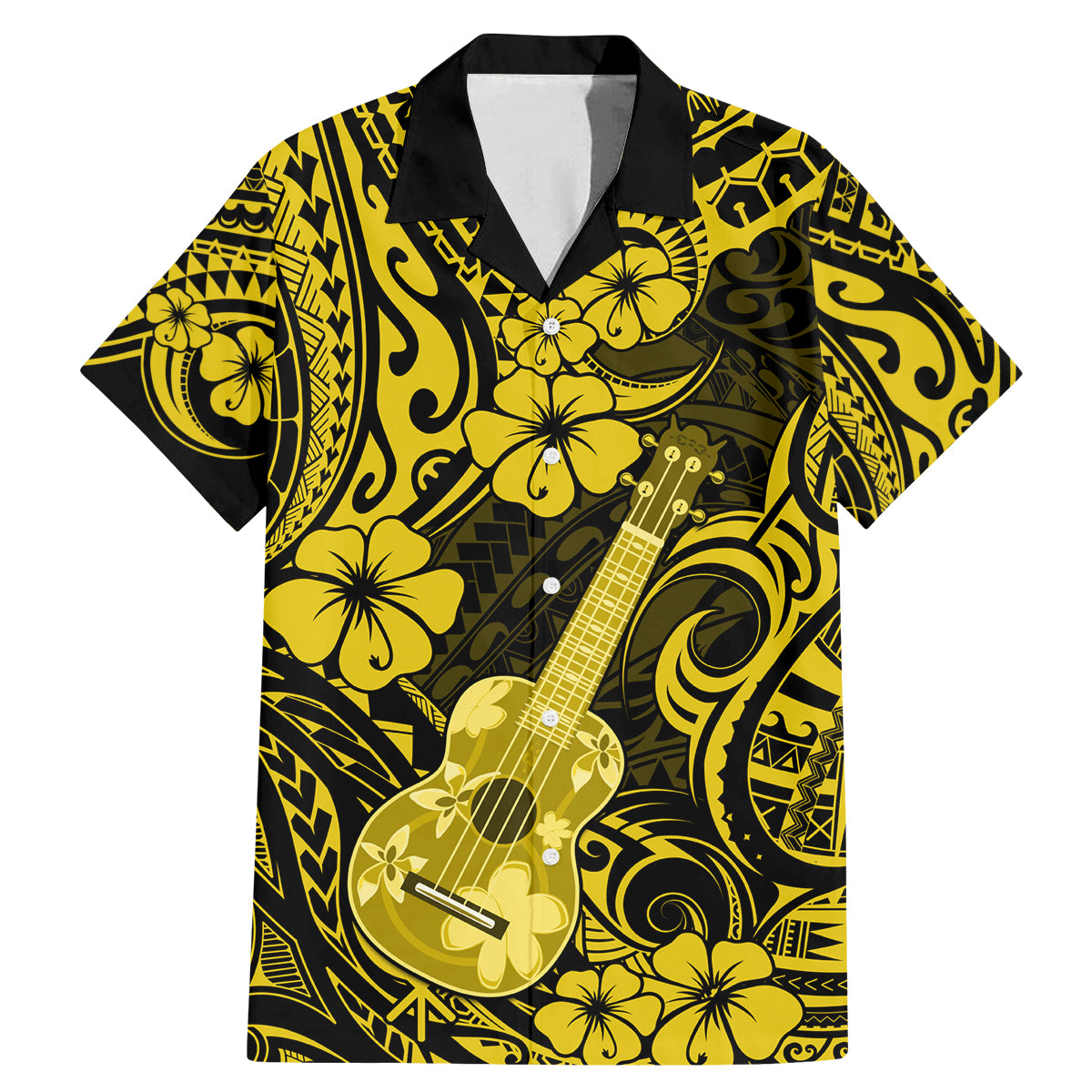 Hawaii Ukulele Family Matching Mermaid Dress and Hawaiian Shirt Polynesian Pattern Yellow Version - Wonder Print Shop