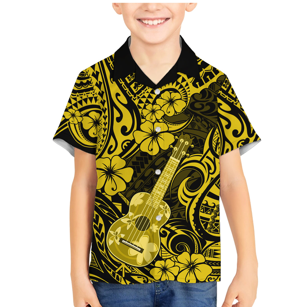 Hawaii Ukulele Family Matching Mermaid Dress and Hawaiian Shirt Polynesian Pattern Yellow Version - Wonder Print Shop