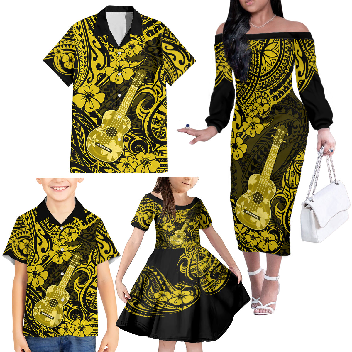 Hawaii Ukulele Family Matching Off Shoulder Long Sleeve Dress and Hawaiian Shirt Polynesian Pattern Yellow Version - Wonder Print Shop