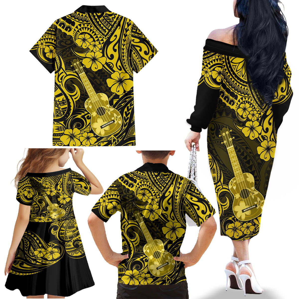Hawaii Ukulele Family Matching Off Shoulder Long Sleeve Dress and Hawaiian Shirt Polynesian Pattern Yellow Version - Wonder Print Shop