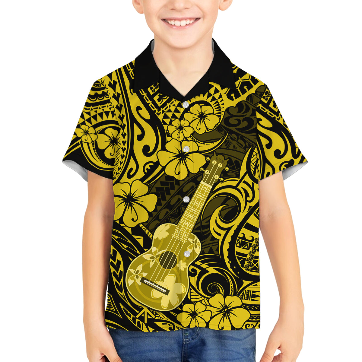 Hawaii Ukulele Family Matching Off Shoulder Long Sleeve Dress and Hawaiian Shirt Polynesian Pattern Yellow Version - Wonder Print Shop