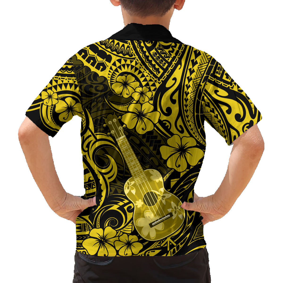 Hawaii Ukulele Family Matching Off Shoulder Maxi Dress and Hawaiian Shirt Polynesian Pattern Yellow Version - Wonder Print Shop