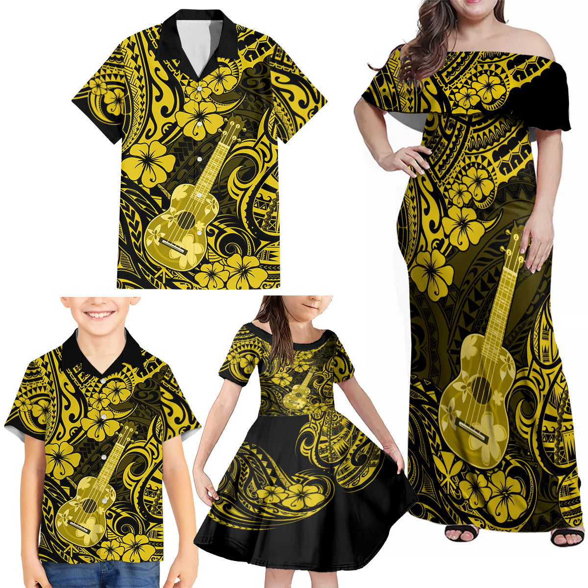 Hawaii Ukulele Family Matching Off Shoulder Maxi Dress and Hawaiian Shirt Polynesian Pattern Yellow Version - Wonder Print Shop