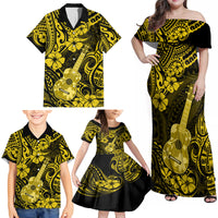 Hawaii Ukulele Family Matching Off Shoulder Maxi Dress and Hawaiian Shirt Polynesian Pattern Yellow Version - Wonder Print Shop