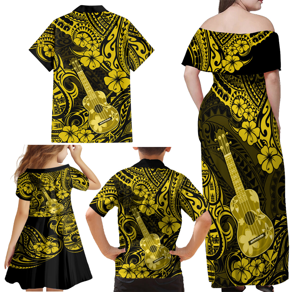 Hawaii Ukulele Family Matching Off Shoulder Maxi Dress and Hawaiian Shirt Polynesian Pattern Yellow Version - Wonder Print Shop