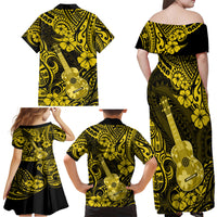 Hawaii Ukulele Family Matching Off Shoulder Maxi Dress and Hawaiian Shirt Polynesian Pattern Yellow Version - Wonder Print Shop