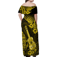 Hawaii Ukulele Family Matching Off Shoulder Maxi Dress and Hawaiian Shirt Polynesian Pattern Yellow Version - Wonder Print Shop