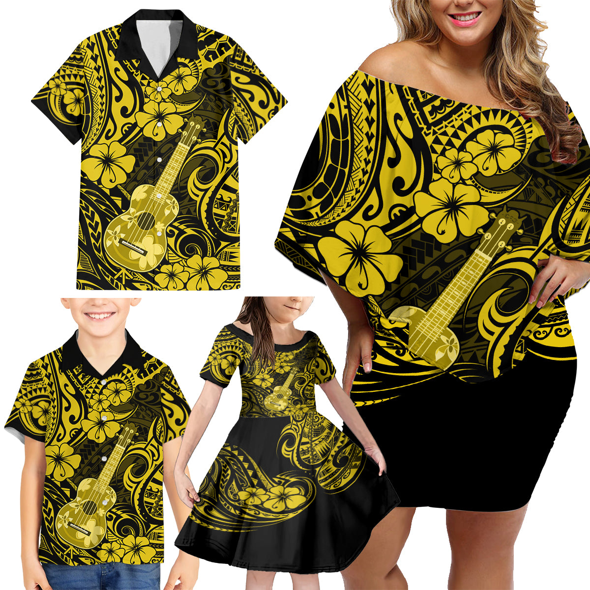Hawaii Ukulele Family Matching Off Shoulder Short Dress and Hawaiian Shirt Polynesian Pattern Yellow Version - Wonder Print Shop