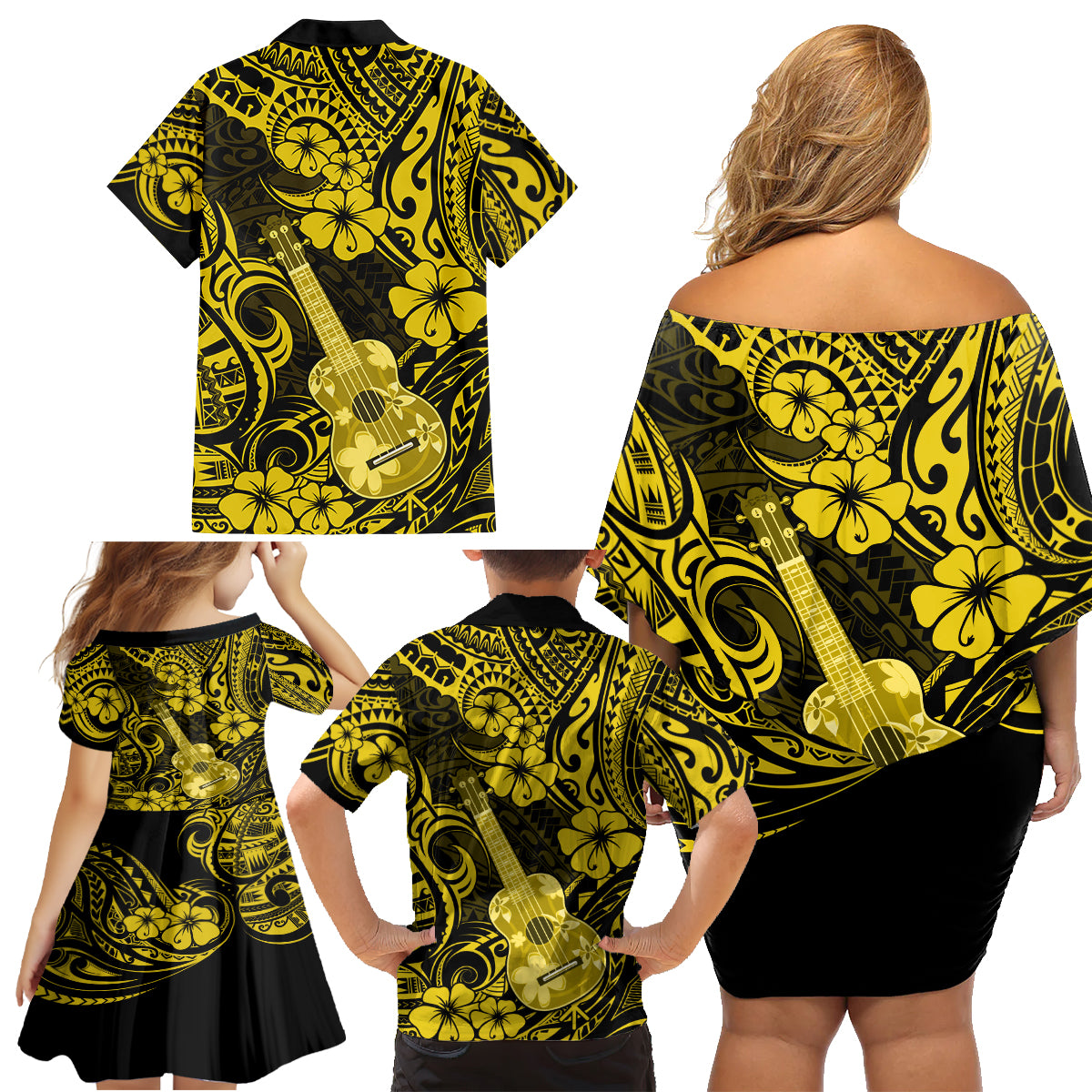 Hawaii Ukulele Family Matching Off Shoulder Short Dress and Hawaiian Shirt Polynesian Pattern Yellow Version - Wonder Print Shop