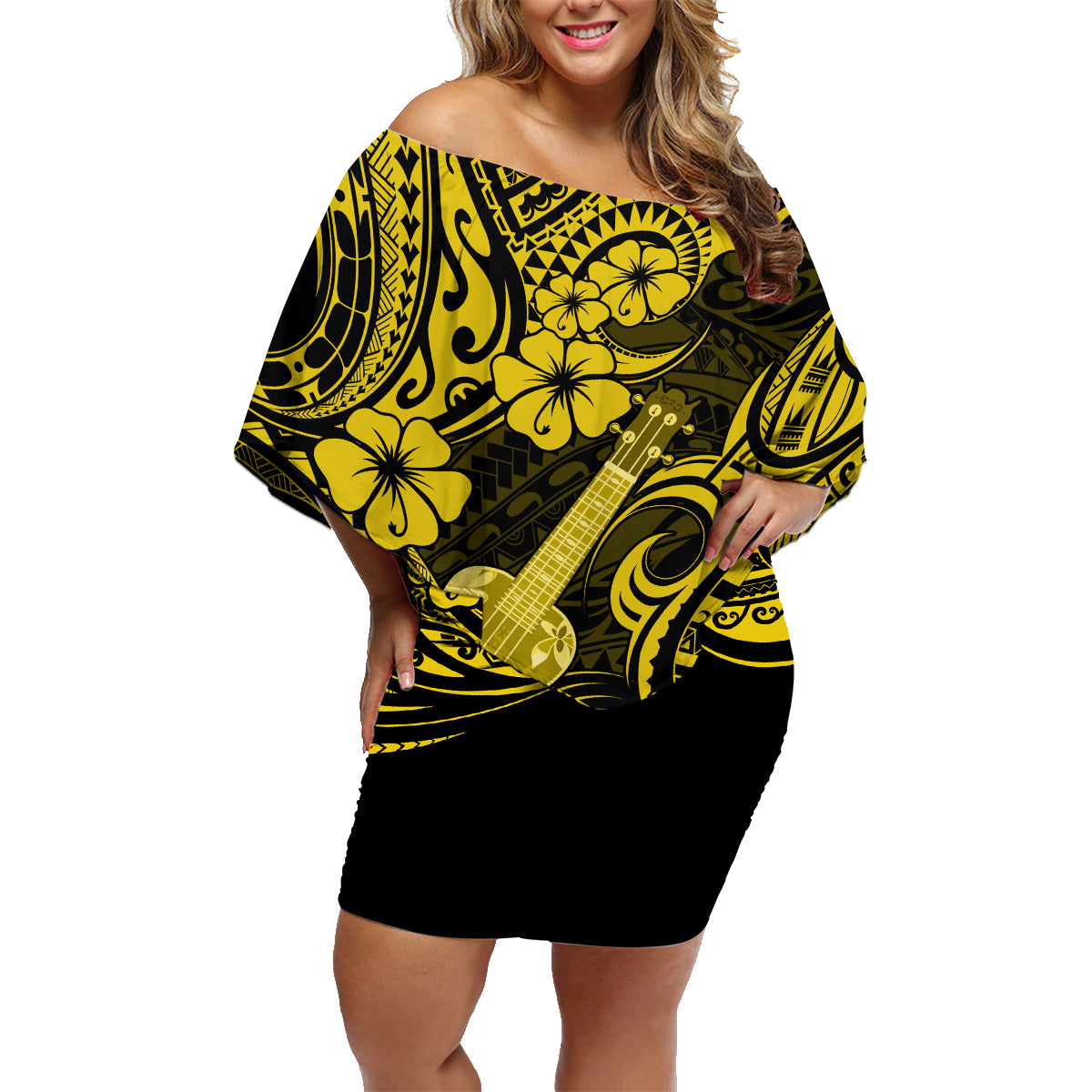 Hawaii Ukulele Family Matching Off Shoulder Short Dress and Hawaiian Shirt Polynesian Pattern Yellow Version - Wonder Print Shop