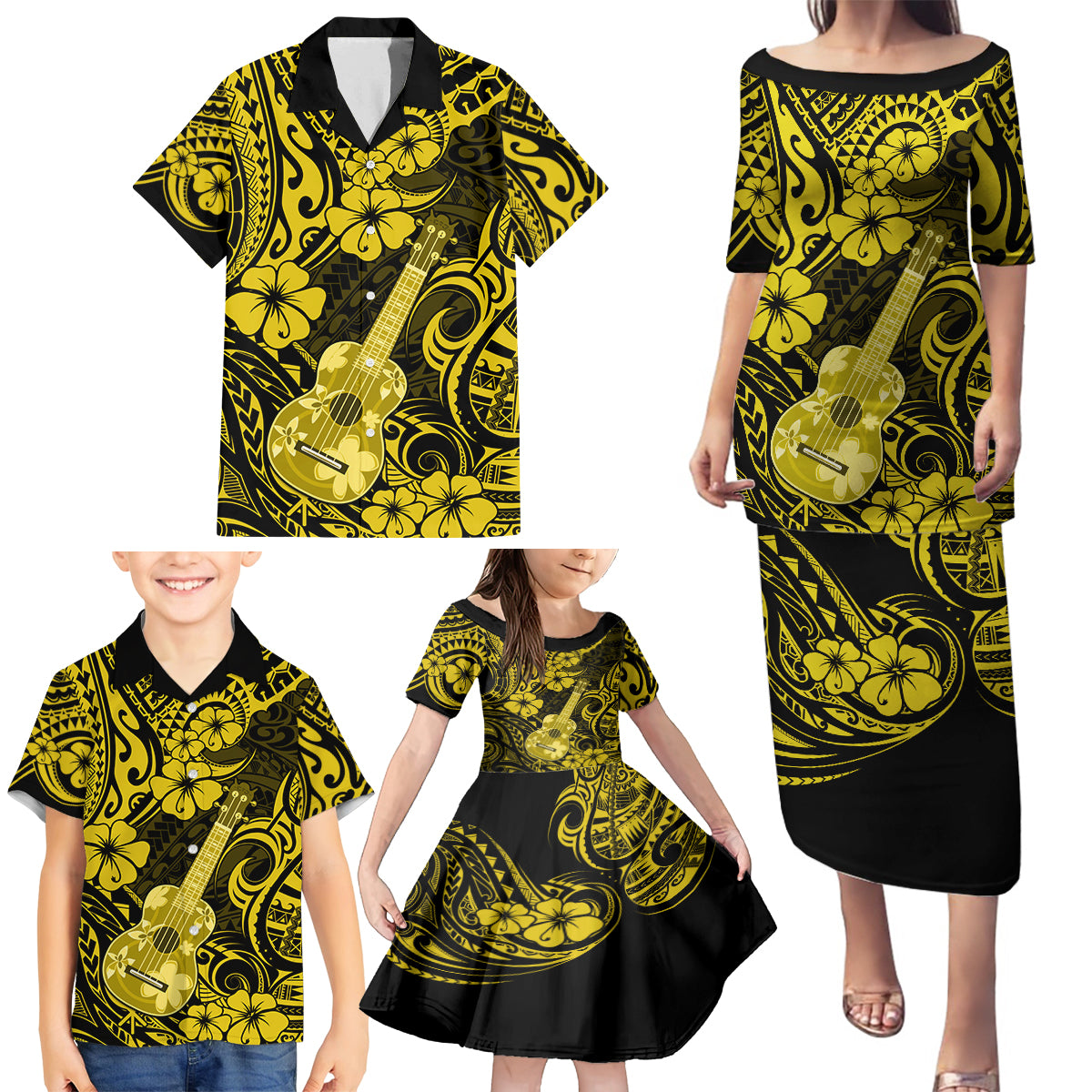 Hawaii Ukulele Family Matching Puletasi Dress and Hawaiian Shirt Polynesian Pattern Yellow Version - Wonder Print Shop