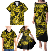 Hawaii Ukulele Family Matching Puletasi Dress and Hawaiian Shirt Polynesian Pattern Yellow Version - Wonder Print Shop