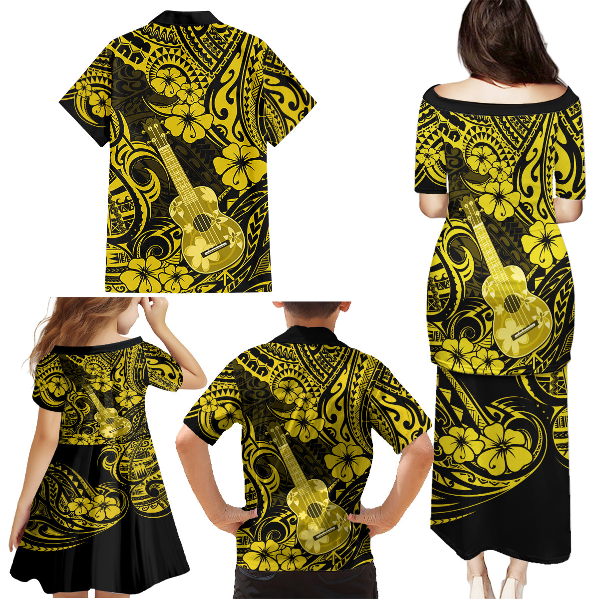Hawaii Ukulele Family Matching Puletasi Dress and Hawaiian Shirt Polynesian Pattern Yellow Version - Wonder Print Shop