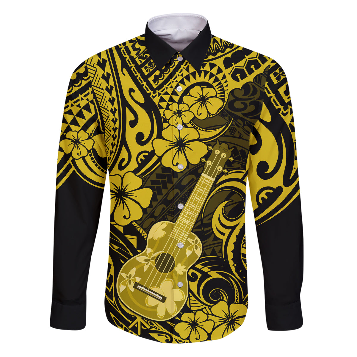 Hawaii Ukulele Family Matching Puletasi Dress and Hawaiian Shirt Polynesian Pattern Yellow Version - Wonder Print Shop