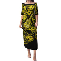 Hawaii Ukulele Family Matching Puletasi Dress and Hawaiian Shirt Polynesian Pattern Yellow Version - Wonder Print Shop