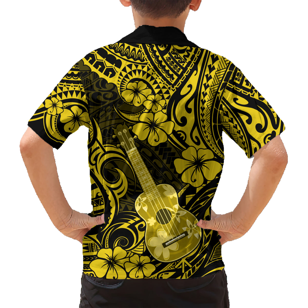 Hawaii Ukulele Family Matching Short Sleeve Bodycon Dress and Hawaiian Shirt Polynesian Pattern Yellow Version - Wonder Print Shop