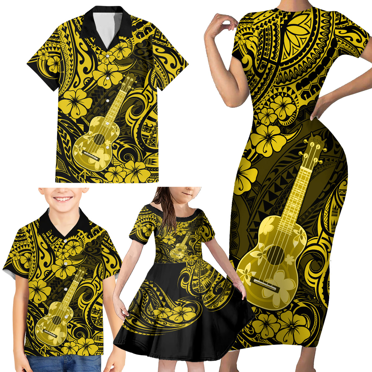 Hawaii Ukulele Family Matching Short Sleeve Bodycon Dress and Hawaiian Shirt Polynesian Pattern Yellow Version - Wonder Print Shop
