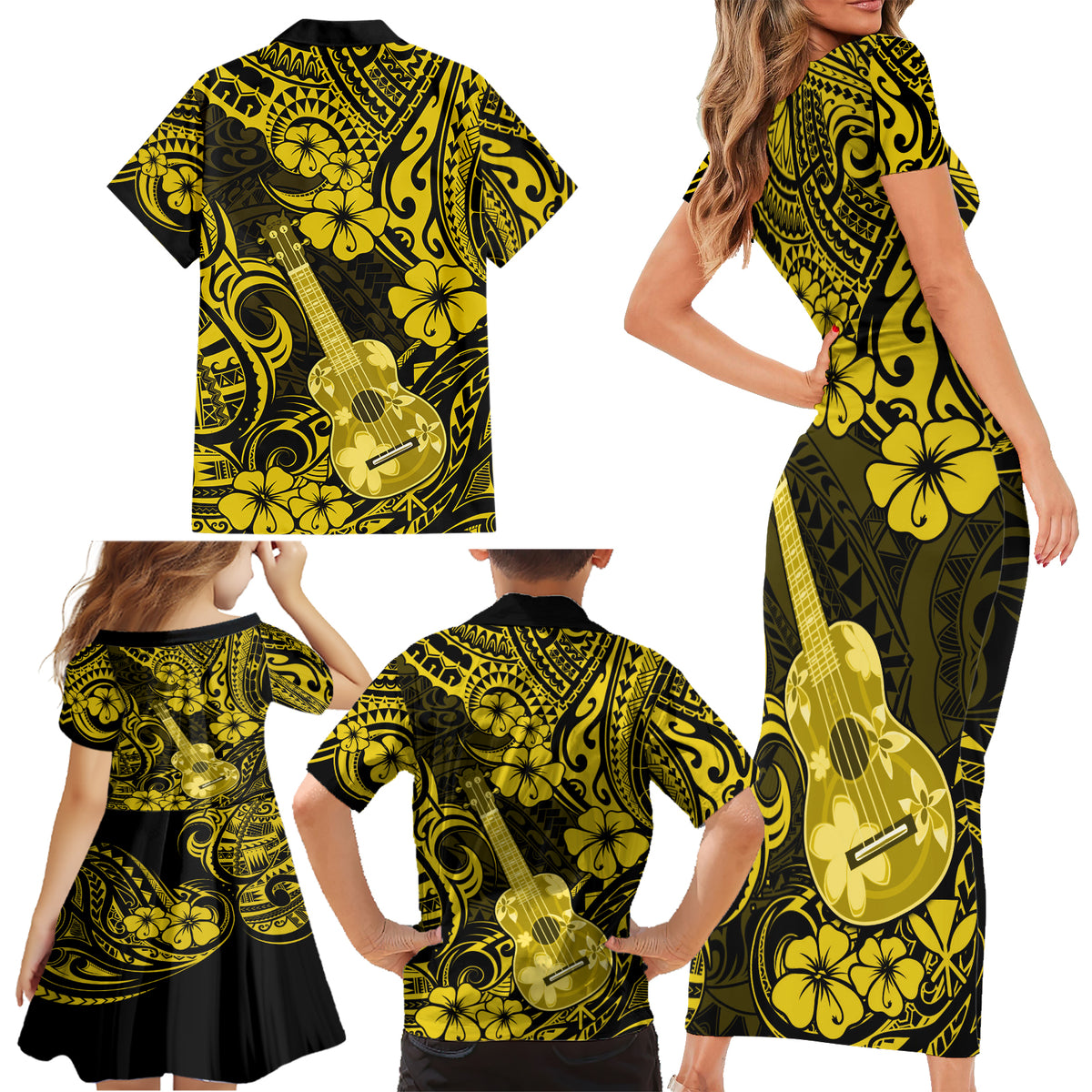 Hawaii Ukulele Family Matching Short Sleeve Bodycon Dress and Hawaiian Shirt Polynesian Pattern Yellow Version - Wonder Print Shop