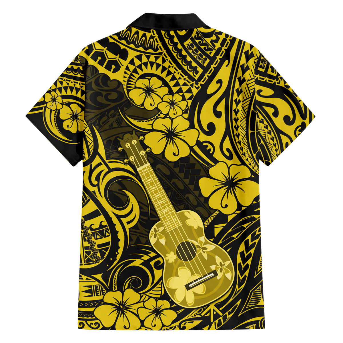 Hawaii Ukulele Family Matching Short Sleeve Bodycon Dress and Hawaiian Shirt Polynesian Pattern Yellow Version - Wonder Print Shop