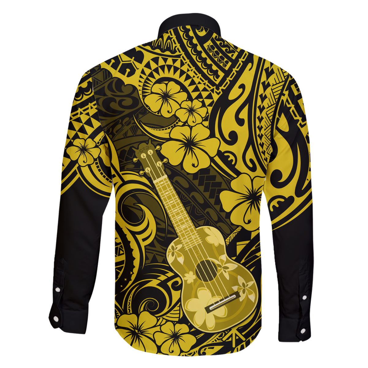Hawaii Ukulele Family Matching Short Sleeve Bodycon Dress and Hawaiian Shirt Polynesian Pattern Yellow Version - Wonder Print Shop
