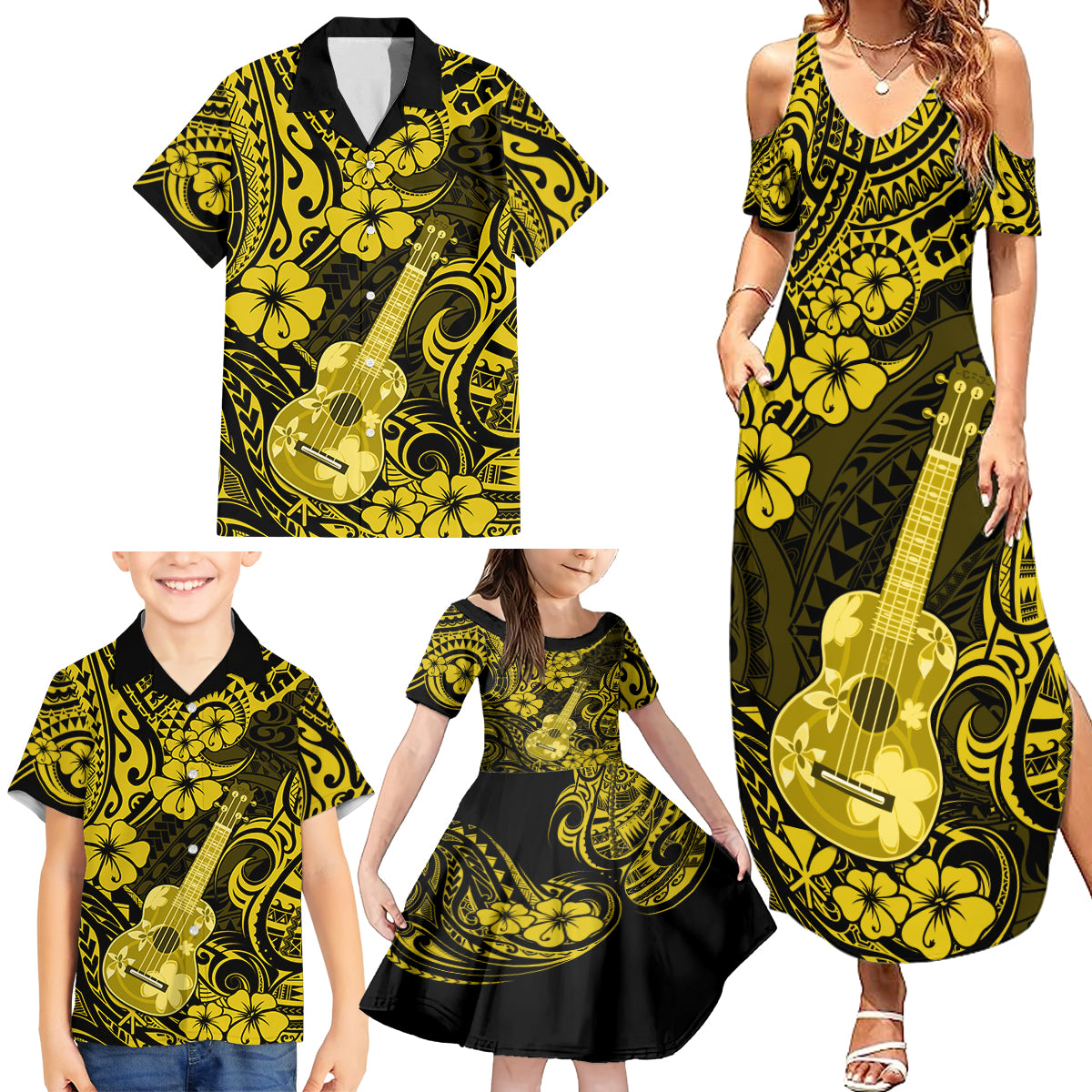 Hawaii Ukulele Family Matching Summer Maxi Dress and Hawaiian Shirt Polynesian Pattern Yellow Version - Wonder Print Shop