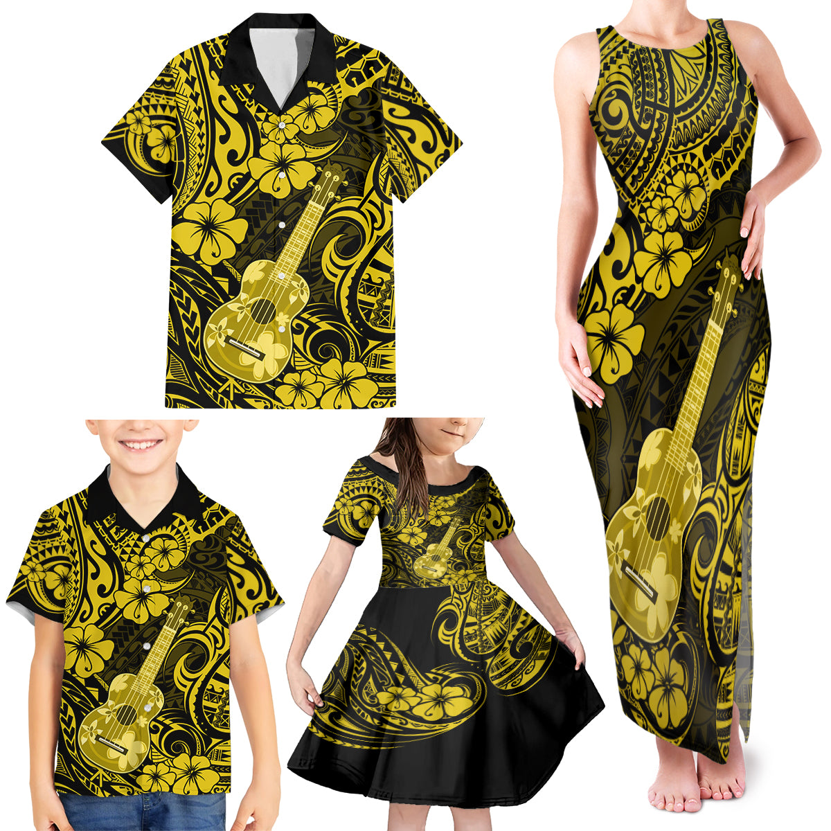 Hawaii Ukulele Family Matching Tank Maxi Dress and Hawaiian Shirt Polynesian Pattern Yellow Version - Wonder Print Shop