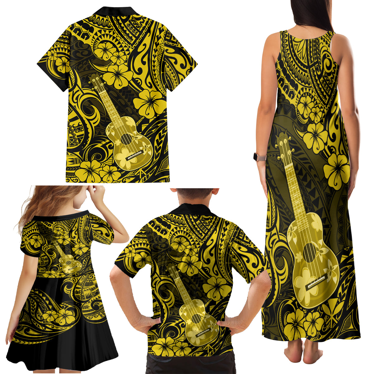 Hawaii Ukulele Family Matching Tank Maxi Dress and Hawaiian Shirt Polynesian Pattern Yellow Version - Wonder Print Shop