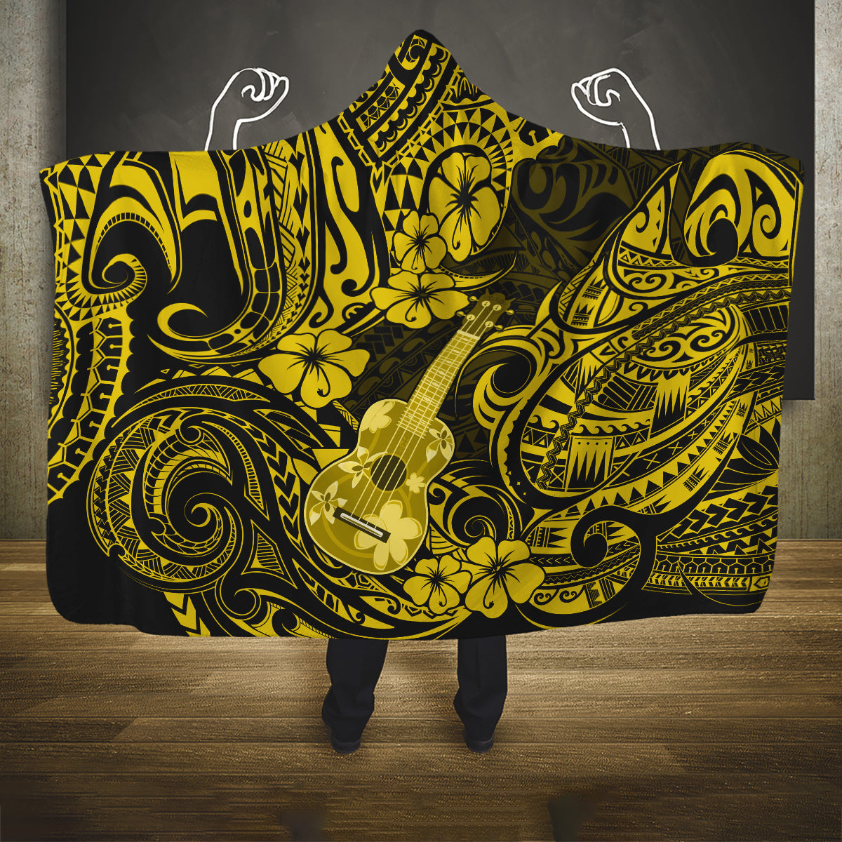 hawaii-ukulele-hooded-blanket-polynesian-pattern-yellow-version