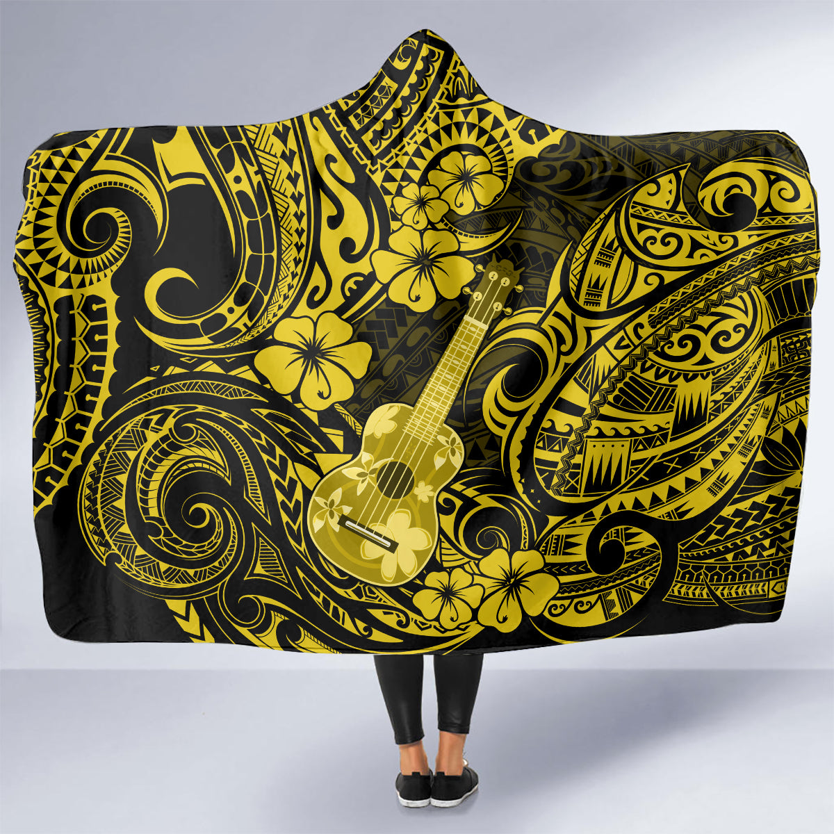 hawaii-ukulele-hooded-blanket-polynesian-pattern-yellow-version