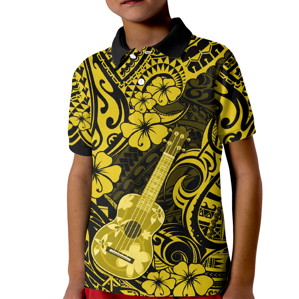 Hawaii Ukulele Kid Polo Shirt Polynesian Pattern Yellow Version - Wonder Print Shop